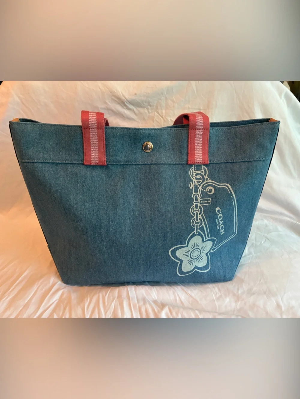 Coach Denim Tote with Pink Striped Straps